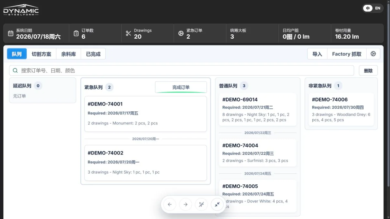 Flashing Helper 生产队列,显示延期、紧急、普通和非紧急订单分栏及生产汇总